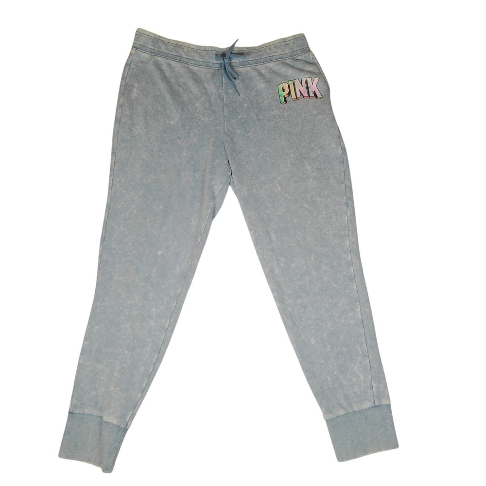 Pink Victorias Secret Blue Acid Wash Jogger Sweatpants Floral Logo Womens Large